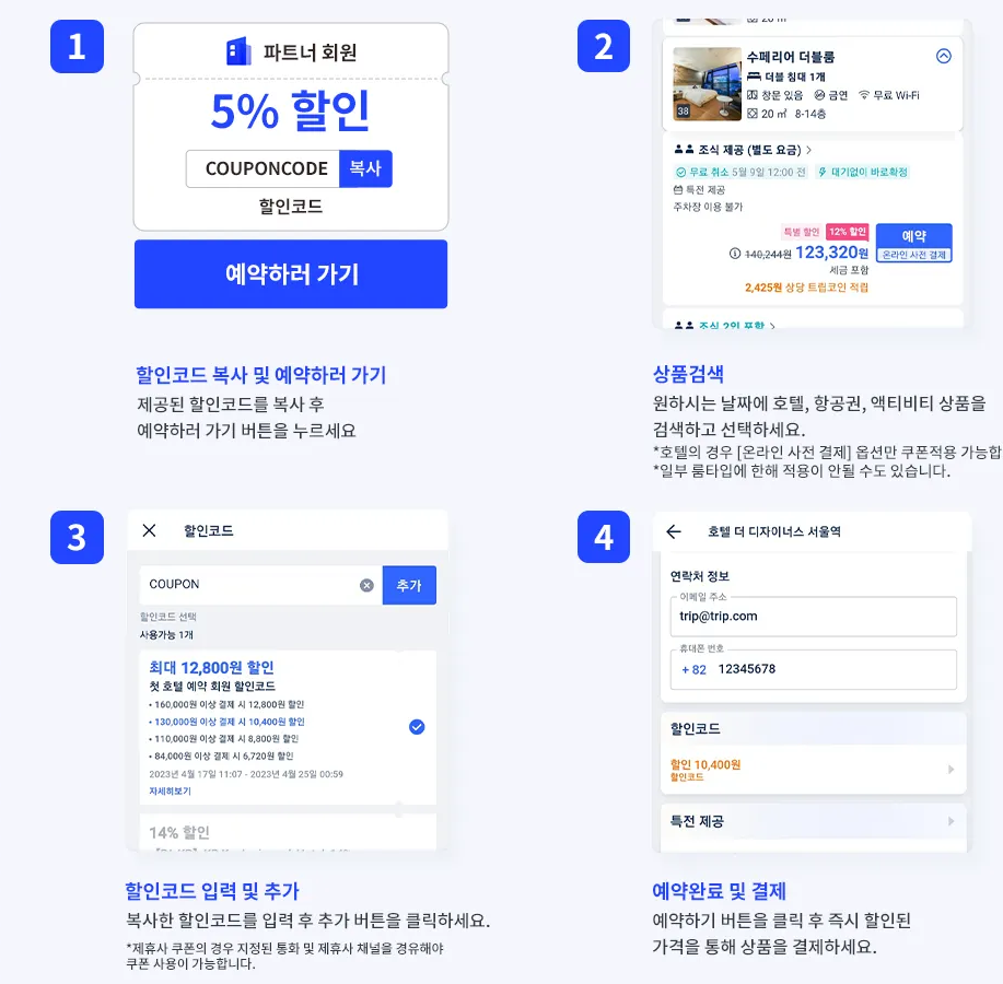 트립닷컴 할인코드 복사부터 상품 검색, 코드 입력, 결제까지 4단계 사용방법 안내